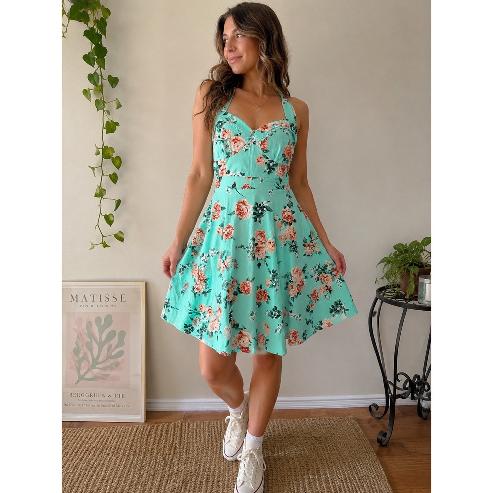 HOT TOPIC Floral Halter Dress Rockabilly Pinup Women MD Mint Green Vintage Style